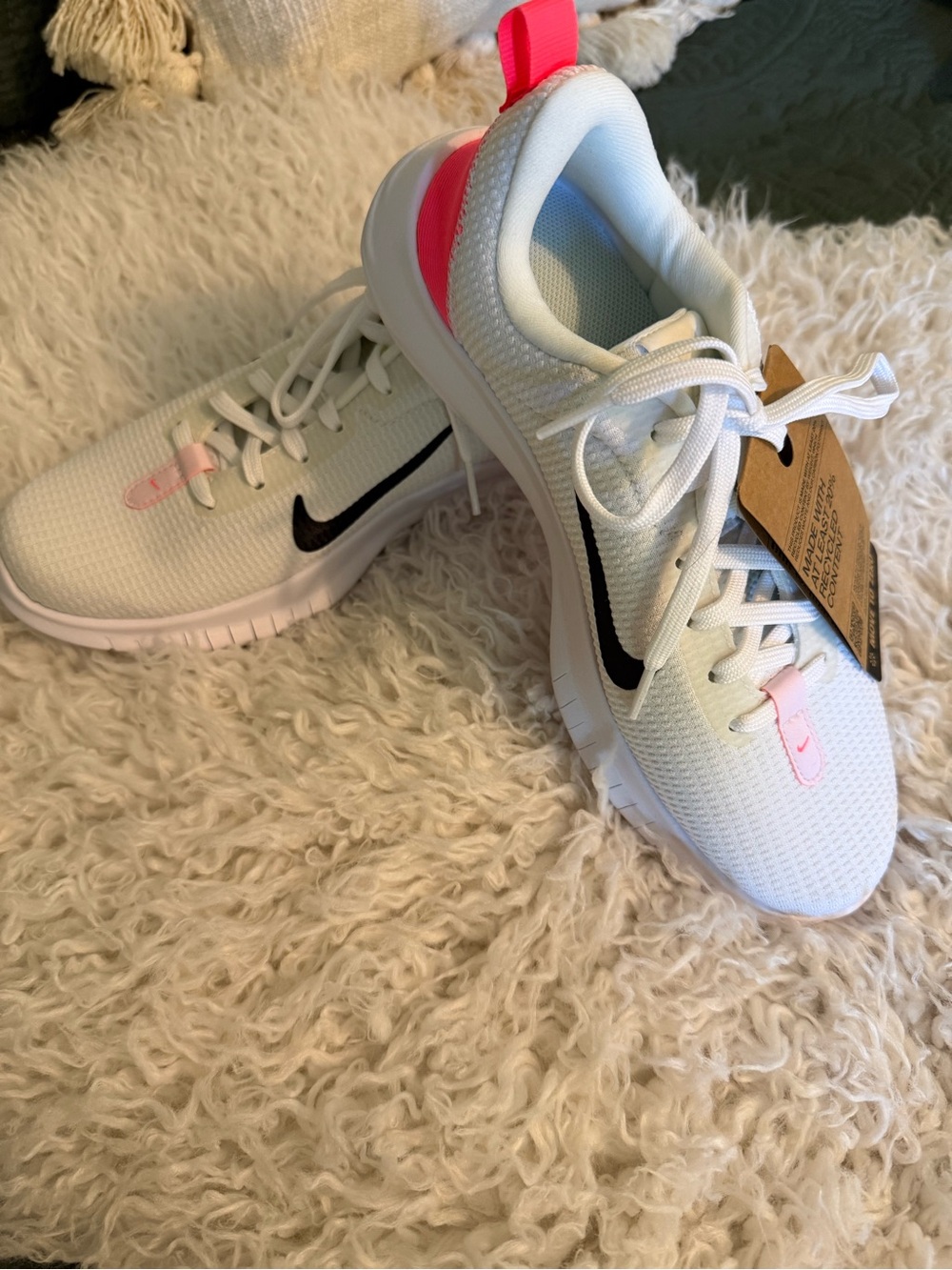 NWT Nike White Mesh Sneakers with Pink Lace Tab and neon Coral Swoosh